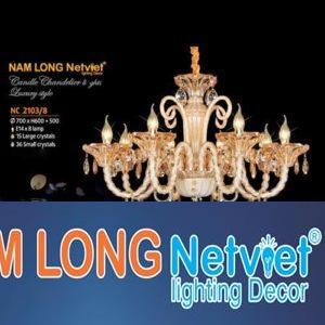 Đèn chùm pha lê Netviet Ø700 x H600 + 500, E14 x 8 lamp, 15 large crystals, 36 small crystals